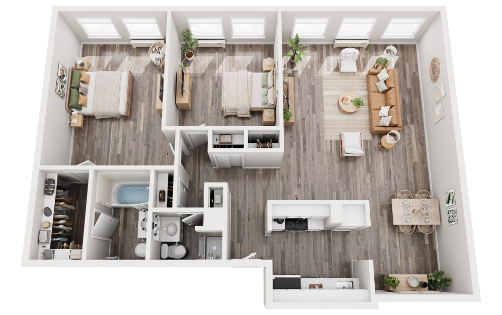 B1 - 2 bedroom floorplan layout with 2 bathrooms and 1040 square feet (3D) B1 - 2 bedroom floorplan layout with 2 bathrooms and 1040 square feet (3D)