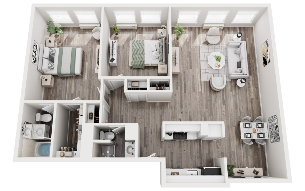 B2 - 2 bedroom floorplan layout with 2 bathrooms and 1092 square feet (3D) B2 - 2 bedroom floorplan layout with 2 bathrooms and 1092 square feet (3D)