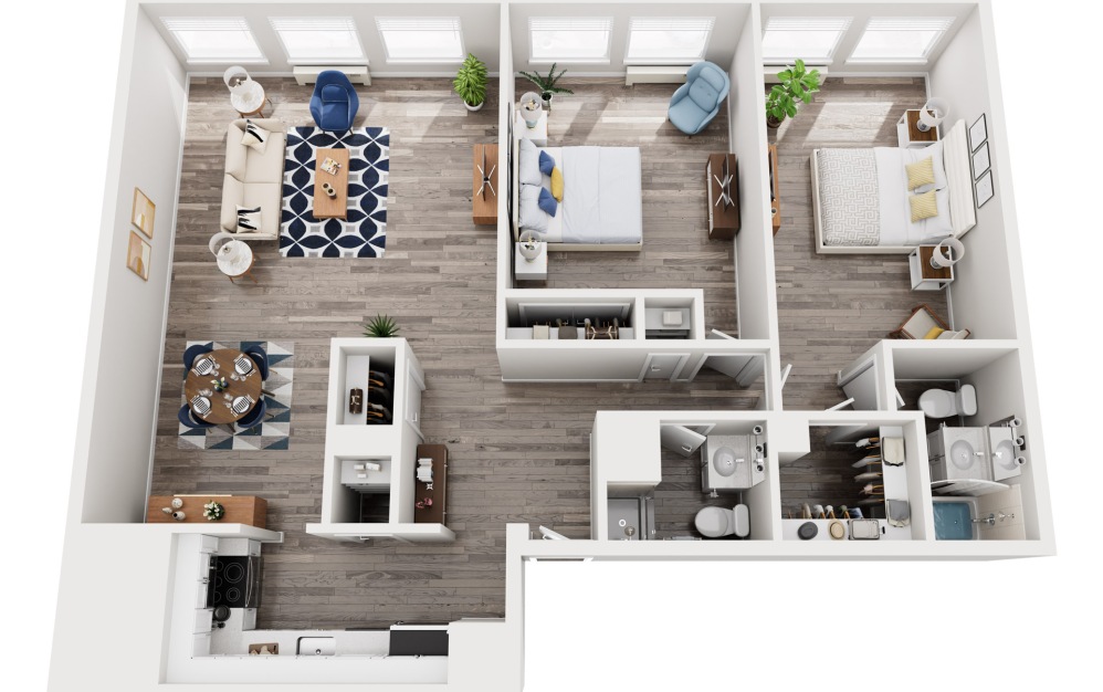 B3 - 2 bedroom floorplan layout with 2 bathrooms and 1126 square feet (3D)