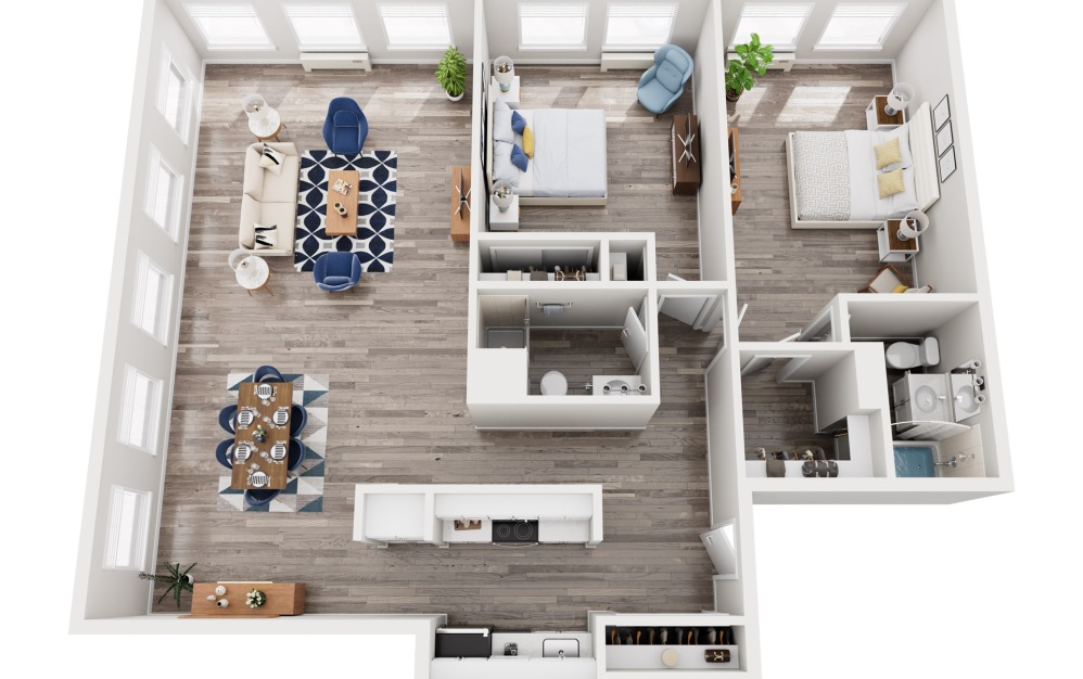 B4 - 2 bedroom floorplan layout with 2 bathrooms and 1255 square feet (3D) B4 - 2 bedroom floorplan layout with 2 bathrooms and 1255 square feet (3D)