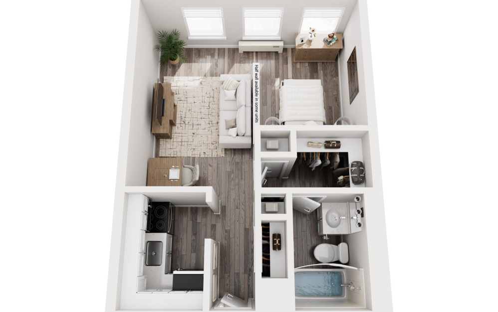 E1 - Studio floorplan layout with 1 bathroom and 450 square feet (3D)