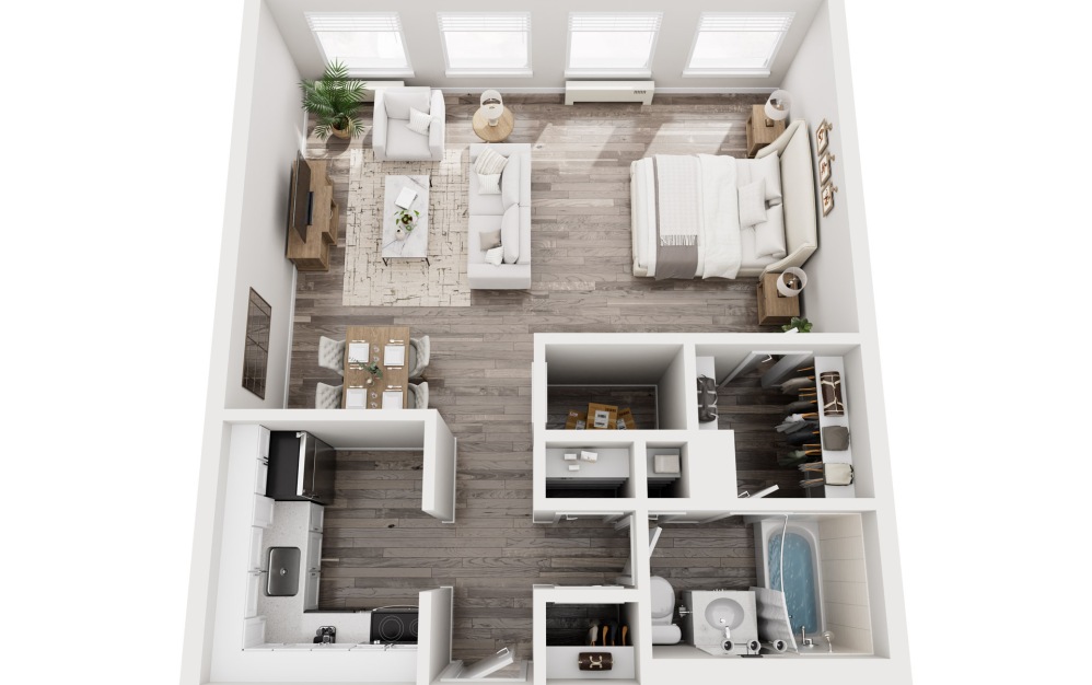 E2 - Studio floorplan layout with 1 bathroom and 600 square feet (3D)
