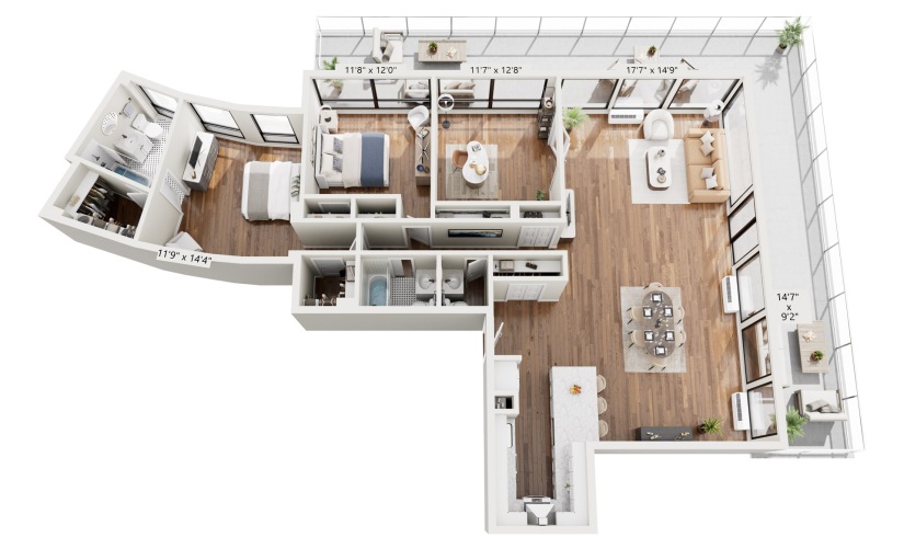 PH1 - 2 bedroom floorplan layout with 2.5 bathrooms and 2100 square feet