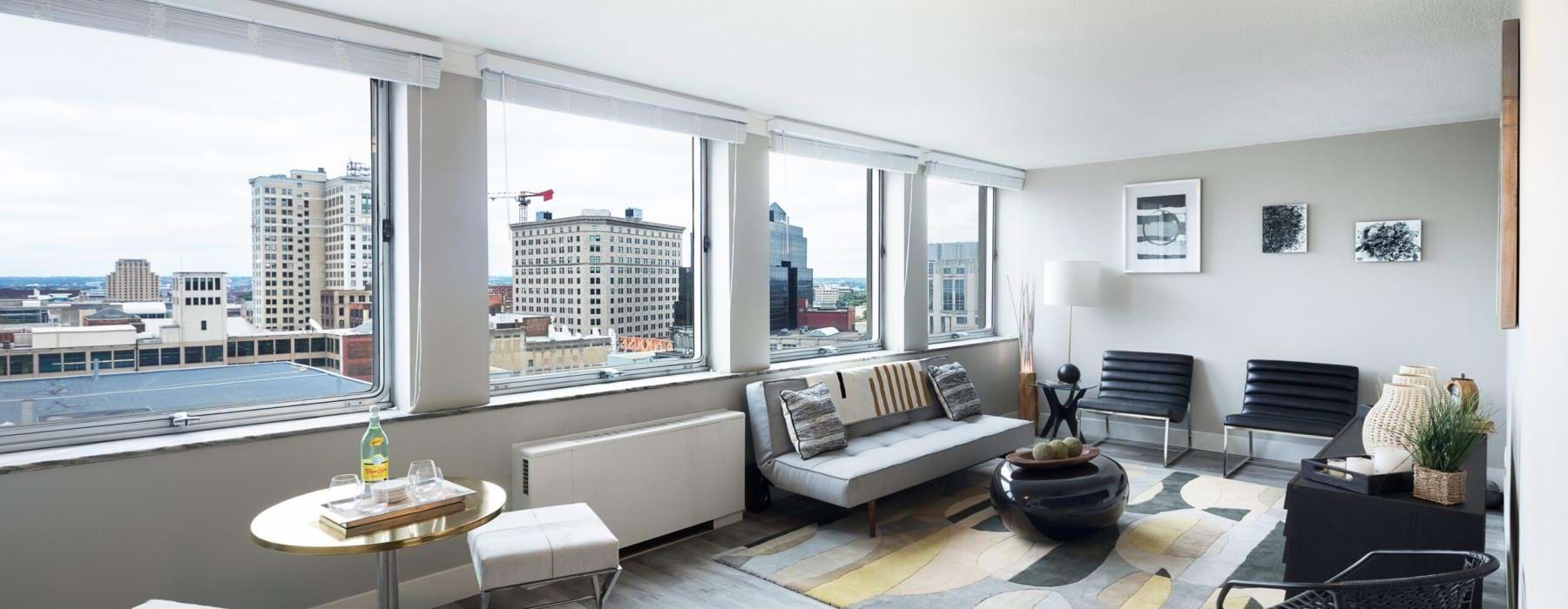 a living room with large windows