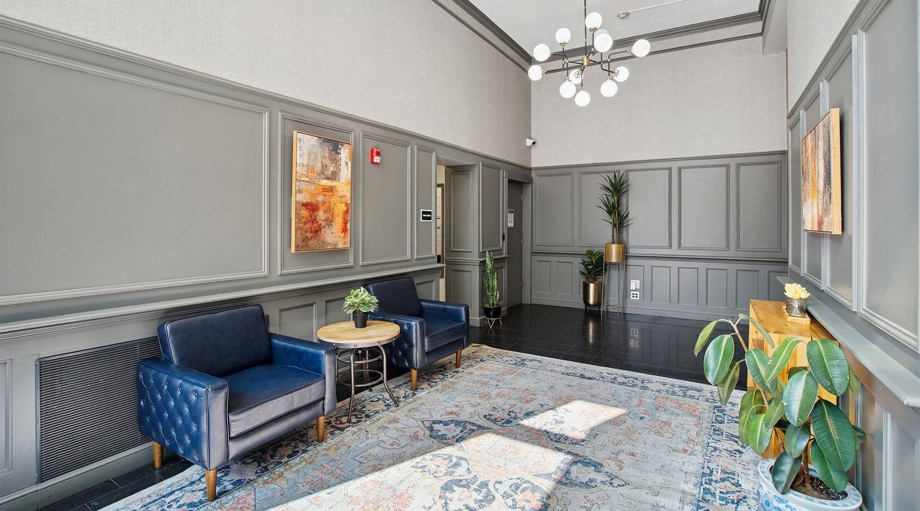 a lobby with seating